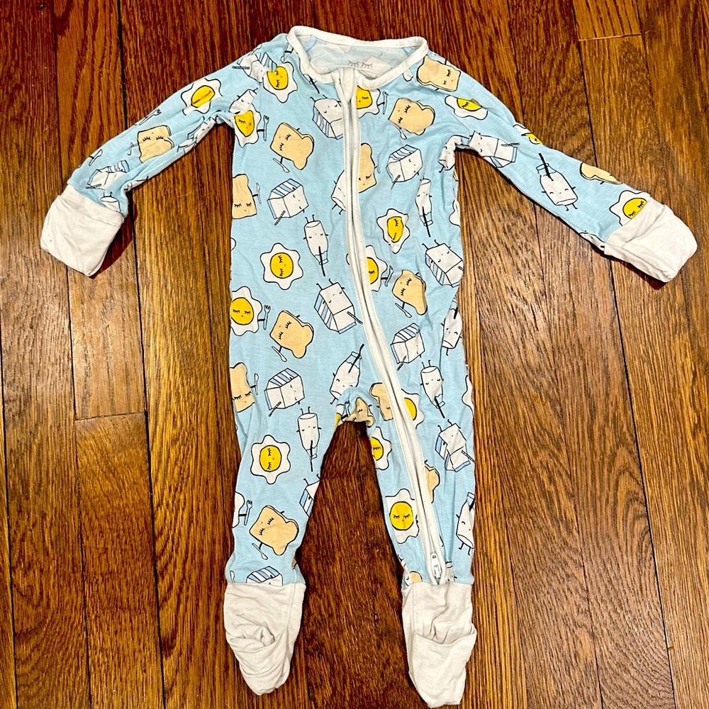 Little Sleepies- size 3-6mo- milk, eggs, and bread print footie